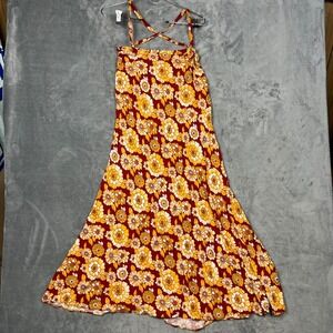 Free People Floral Maxi Dress Burgundy Yellow Criss Cross Straps XS